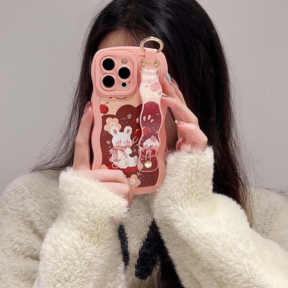 IPHONE Casing Ponsel Desain Bentuk Gelombang Kelinci Cherry Pink Kompatibel Dengan Iphone12 13 14 11 Pro Max X Xs Max Xr Qwsdx