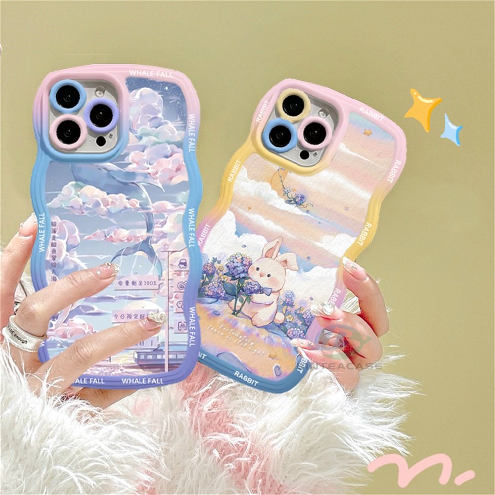 Iphone 14 14 Pro MAX IPhone13 Pro MAX 11PRO 11PRO MAX 12 12Pro MAX XR XS Max6 6S 7 8 Plus Lukisan Cat Minyak Motif Bunga Kelinci Paus Ilustrasi Tepi Melengkung TPU Phone Case Binteacase