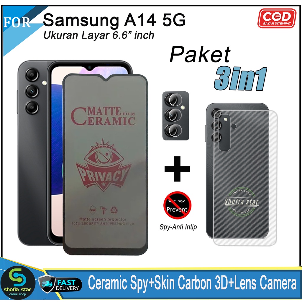 Promo 3in1 Tempered Glass Privacy Samsung A14 5G M14 5G A54 5G A13 4G/5G A32 A23 4G/5G A24 4G A34 5G Anti Gores Anti Spy Full Layar