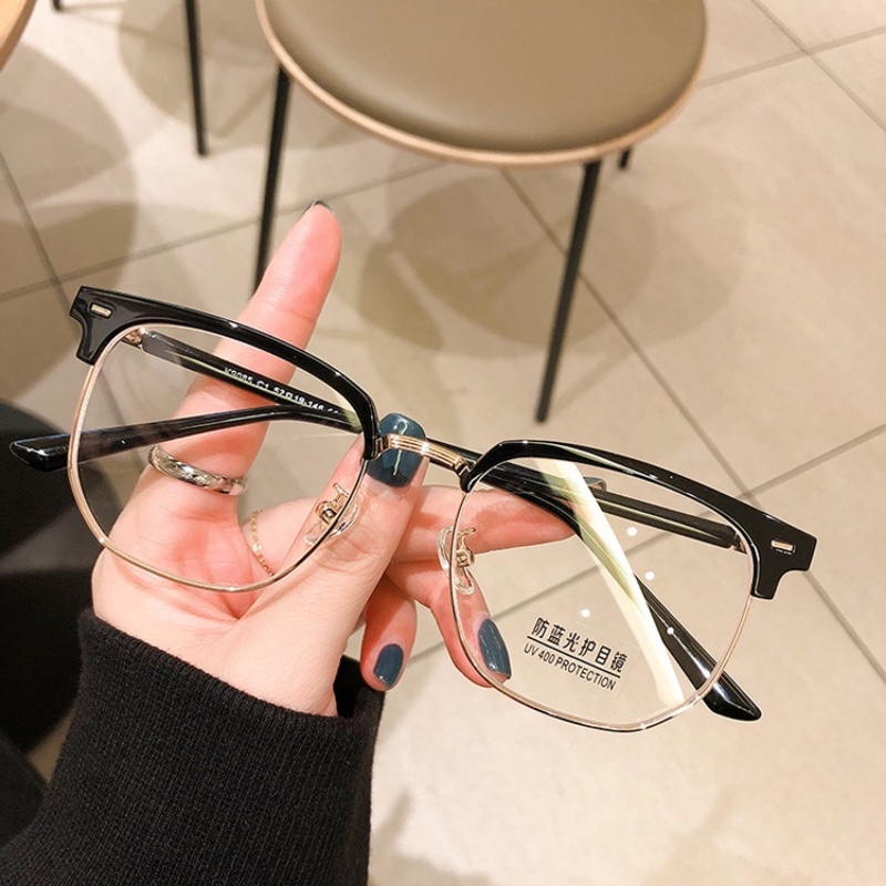 (YUZHU) Kacamata Vintage Anti Blue Light Eyeglasses Metal Half Frame Untuk Pria