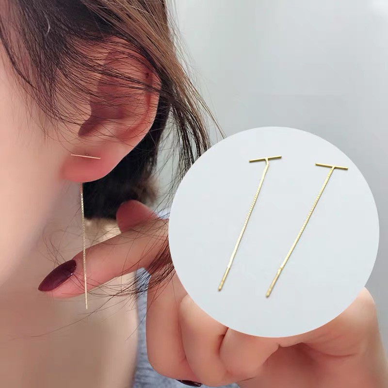 Anting Rantai Panjang Ultra Tipis Lapis Titanium Steel 18K Anti Alergi Tahan Air Dan Keringat Gaya Korea