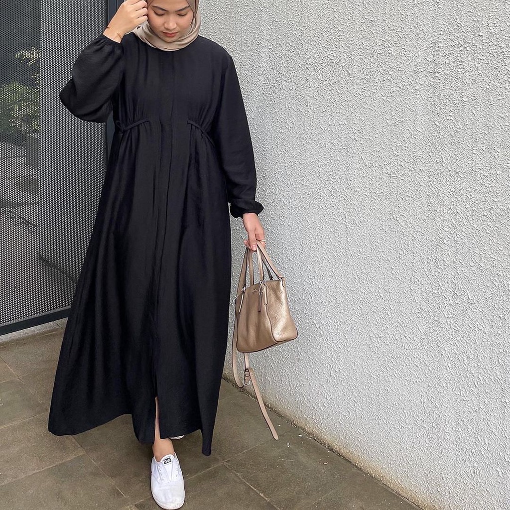 Gamis Midi Dress Linen Tali Pinggang Hazzel