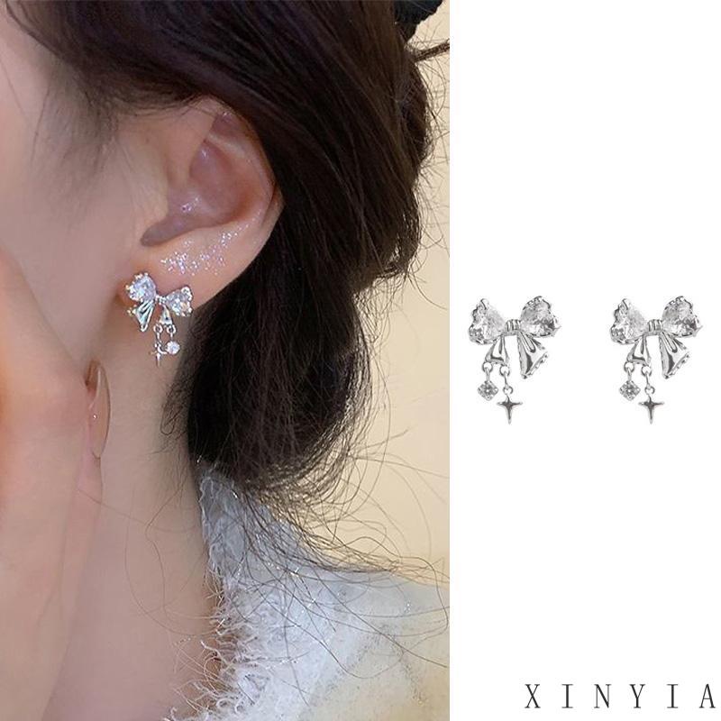 【COD】Simpul Zirkon Anting Wanita Desain Rasa Sederhana Anting Bermutu Tinggi Temperamen Fashion Temperamen Manis Hitam Ikatan Simpul Paduan Stud Earrings