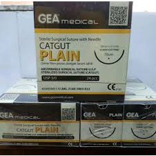GEA CAT GUT PLAIN 3/0 / CAT GUT PLAIN BENANG DENGAN JARUM GEA BOX HARGA MUMER 100% ORIGINAL