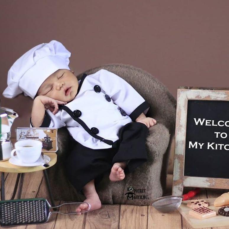 Baju Koki Chef Anak Laki Laki Kostum Foto Bayi Newborn Properti Foto Bayi Newborn (KODE 7383)