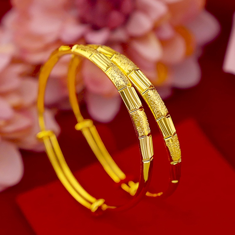 Goldkingdom Fashion Perhiasan Emas Asli Kadar 375Bangkok Aksesoris Ready Stock Wanita Tembaga Murni Gilt Vintage Bambu Matte Gelang Push-pull Gelang Dari Gas Mulia