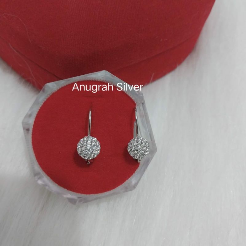 Anting kait wanita perak asli 925 remaja dewasa model bulat mata putih full kilau/Silver lapisan emas putih murni!!!