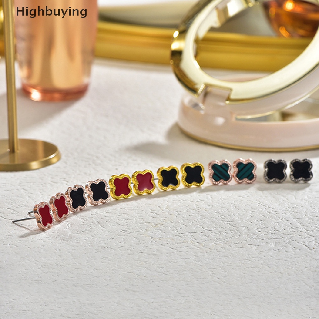 Hbid 1pasang Anting Semanggi Empat Daun Temperamen Hitam Sederhana Universal Stud Earring Set Untuk Wanita Sederhana Elegan Lucu Perhiasan Aksesoris Glory