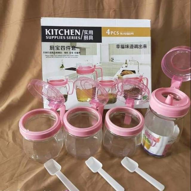 Tempat Panci Minyak Tempat Bumbu Dapur Kaca Set 4 in 1 - Oil Pot 4pcs M-434