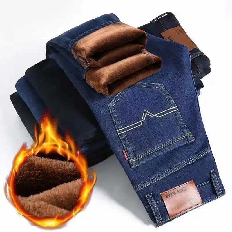 Celana Jeans Musim Dingin pria laki laki / Thermal Bagian dalam Bulu2 halus Penahan Dingin