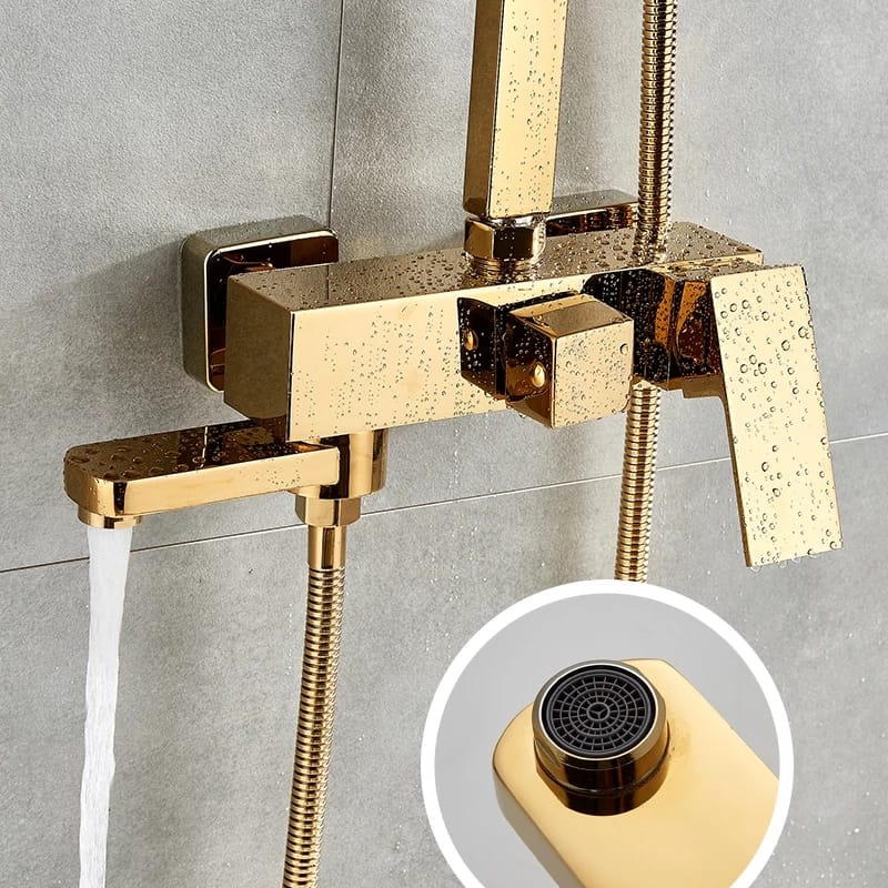 Shower Colomn GOLD kotak minimalis Kuningan Tiang shower rainfall mixer panas dingin set complete brass elegan