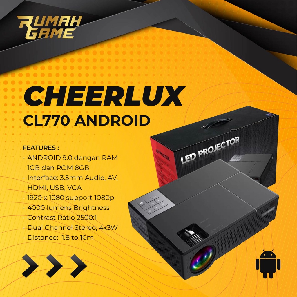 Mini Proyektor Cheerlux CL770 Android 4000 Lumens Projector Full HD 1080P