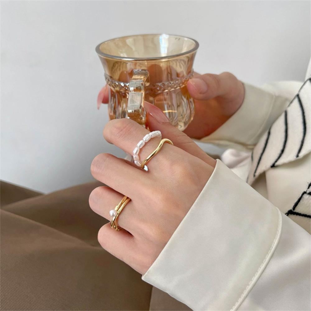 Timekey Fashion Simple Double-layer Pearl Opening Ring Niche Adjustable Alloy Cincin Perhiasan Aksesori Untuk Wanita P1W2