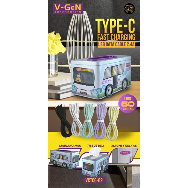 (Ecer) V-GeN VCTC6-02 Kabel Data Type-C USB 2.4A Data Cable Bulat Satuan Grosir Toples Kaleng Vgen G