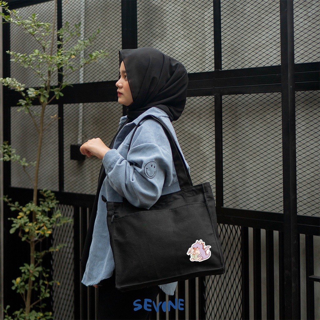 Sevine Totebag Kanvas Rebecca Tas Wanita Tote Bag Kuliah Sekolah Sekat Laptop Hitam Elegan Aesthetic - WN