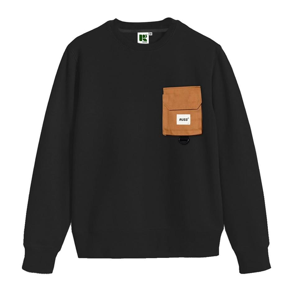 LANGSUNG ORDER Russ Sweater Crewneck Pria Pouch Break Black ( Up To Big Size )