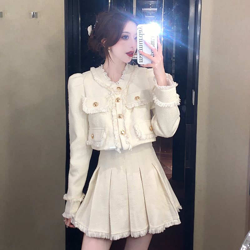 Red Rok jas angin harum kecil set dua potong musim gugur dan musim dingin mantel pendek selebriti Prancis temperamen baru + set dua potong rok