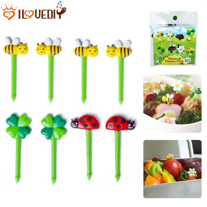 8 /12 Pcs Mini Daun Berbentuk Garpu Buah Lebah Bunga Matahari Bento Stik Anak Kartun Buah Dekorasi Tongkat Serbaguna Perlengkapan Catering Rumah Pesta Dessert Fork