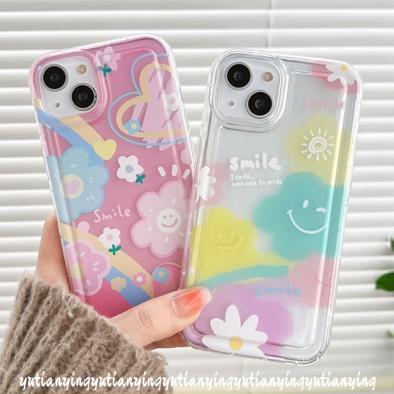 IPHONE Ins Korea Awan Cinta Hati Penutup Belakang Kompatibel Untuk Iphone11 7 8 6 6S Plus XR 14 13 12 Pro MAX X XS MAX Senyum Lucu Segar Cat Air Bunga Lembut TPU Shockproof Airbag Case