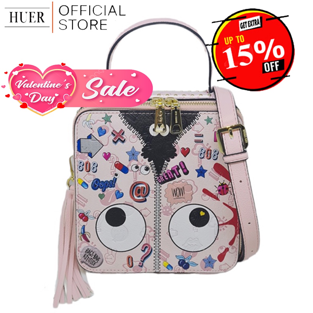 HUER ~ Tas Wanita Orishye Eye Theme Printed Sling Bag 9454-256Pink