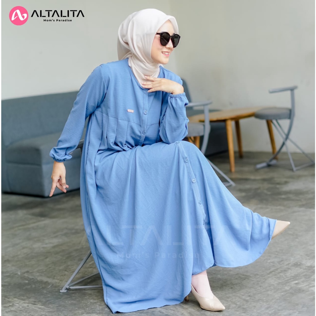 Altalita - Dress Amaraa Full Kancing Cringkle Airflow Lengan Panjang Basic Casual Gamis Kekinian Busui Wanita Muslimah Polos Premium Lebaran Kondangan Vintage Terbaru