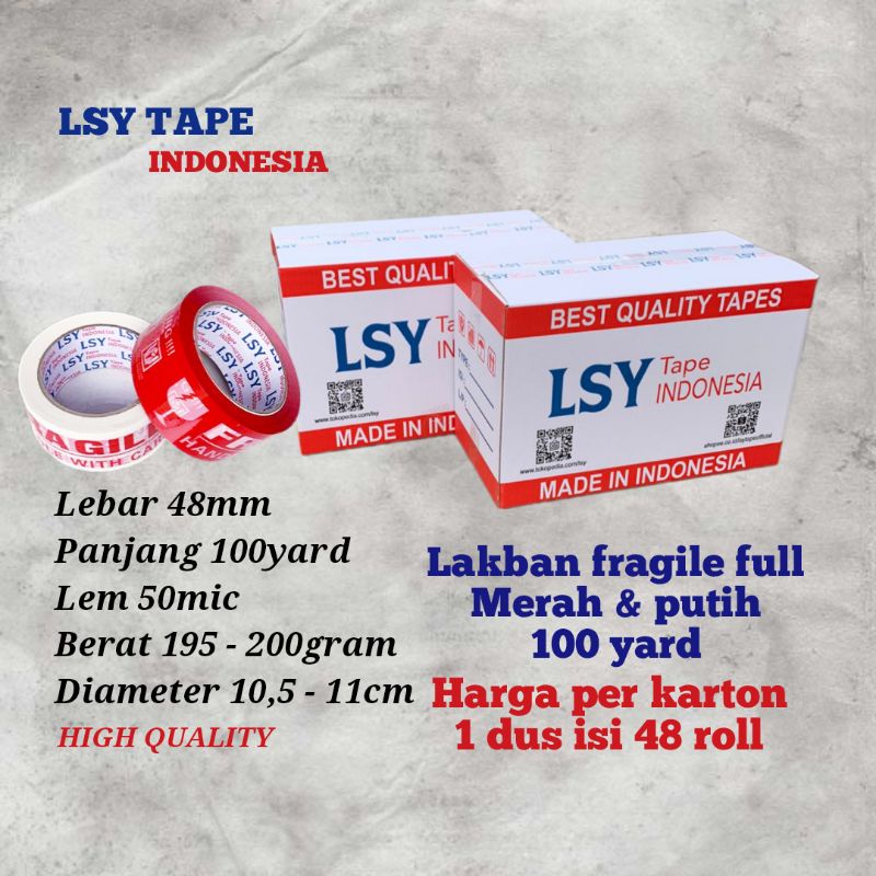 

lakban fragile full merah & putih 100yard 1 dus isi 48 roll LSY TAPE ( CBM )
