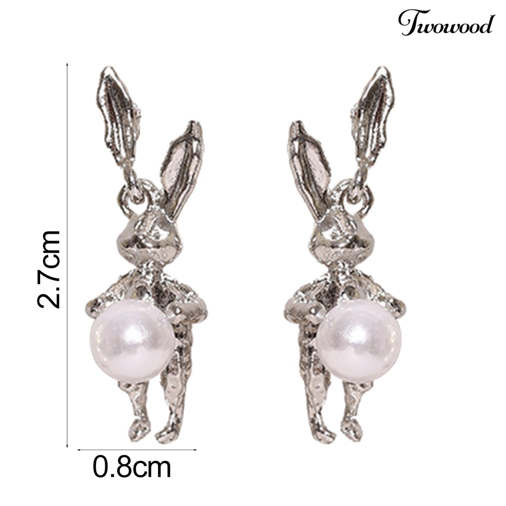 Twowood 1pasang Ear Studs Lucu Warna Perak Membawa Keberuntungan High Gloss Faux Pearl Rabbit Kelinci Wanita Anting Perhiasan Aksesoris