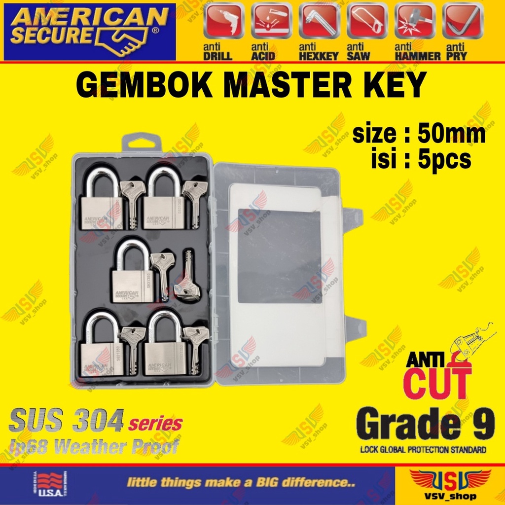 American Secure Gembok master key 50mm isi 5 / gembok rumah / gembok gudang