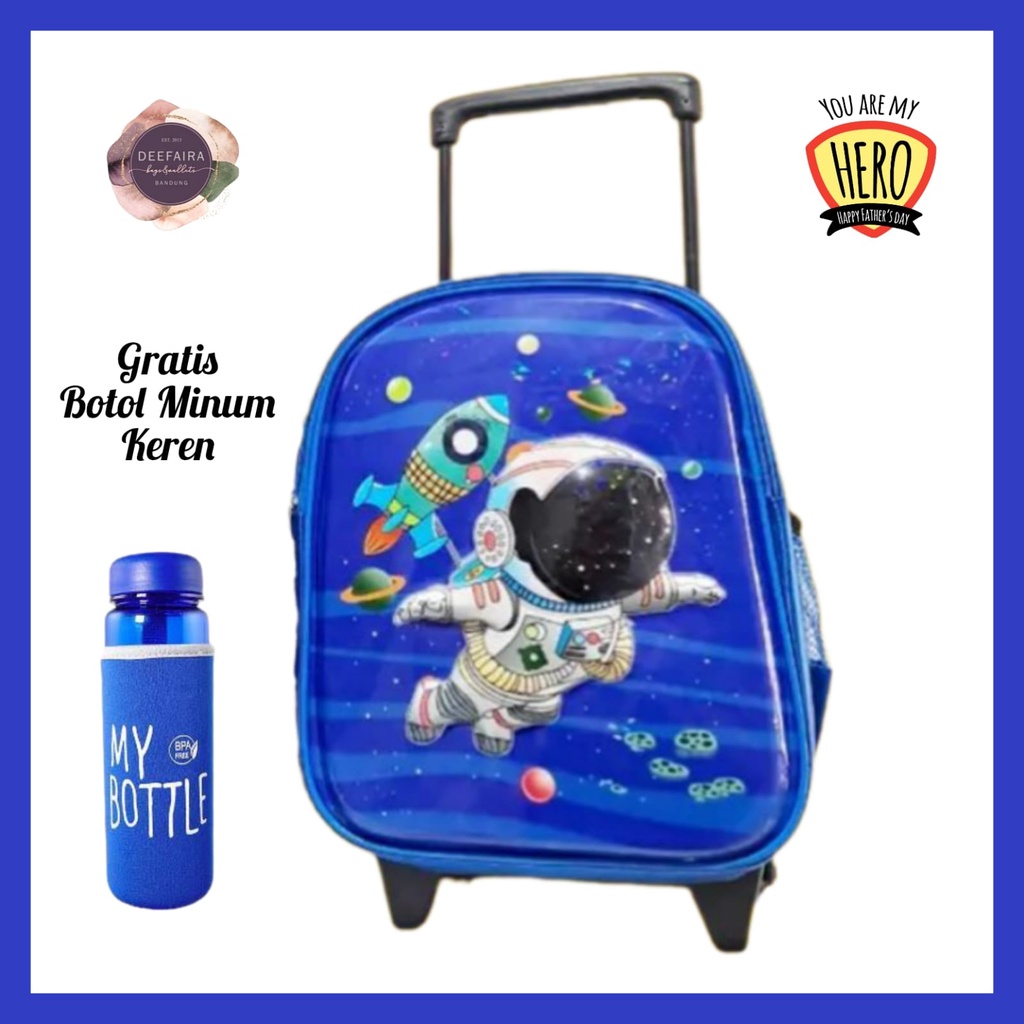 Tas Ransel Troli Anak Laki Laki Model 3D Astr0 Keren Free Botol Minum Untuk Tk Paud Sd