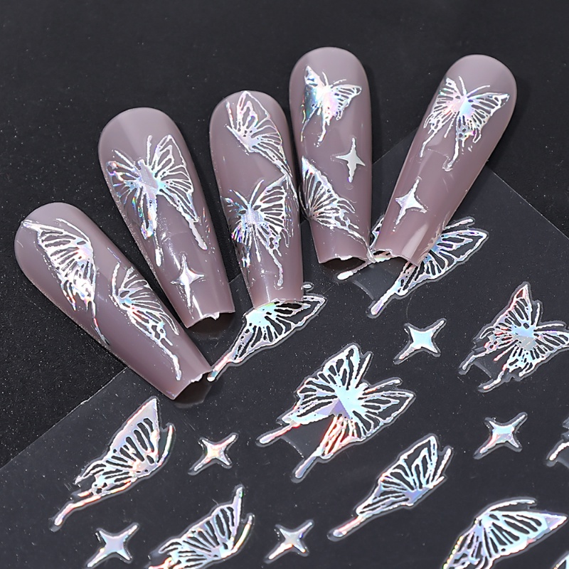 3d Berongga Kupu-Kupu Nail Art Stiker/Reflektif Laser Bintang Emas Perak Kuku Manicure Sticker