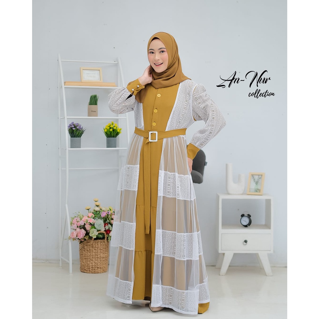 Dress Queen cringkel mix Brukat tulle Annur Gamis lebaran hari raya ootd