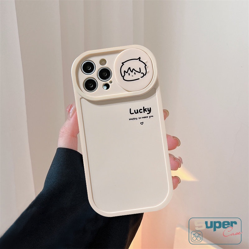 Casing Ponsel Kompatibel Untuk IPhone 7plus 8plus 11 12 13 Pro MAX XR 7 8 Plus X XS MAX Kartun Lucu Cewek Cowok Beruntung Push Pull Window Pelindung Lensa Kamera Soft TPU Couples Cover