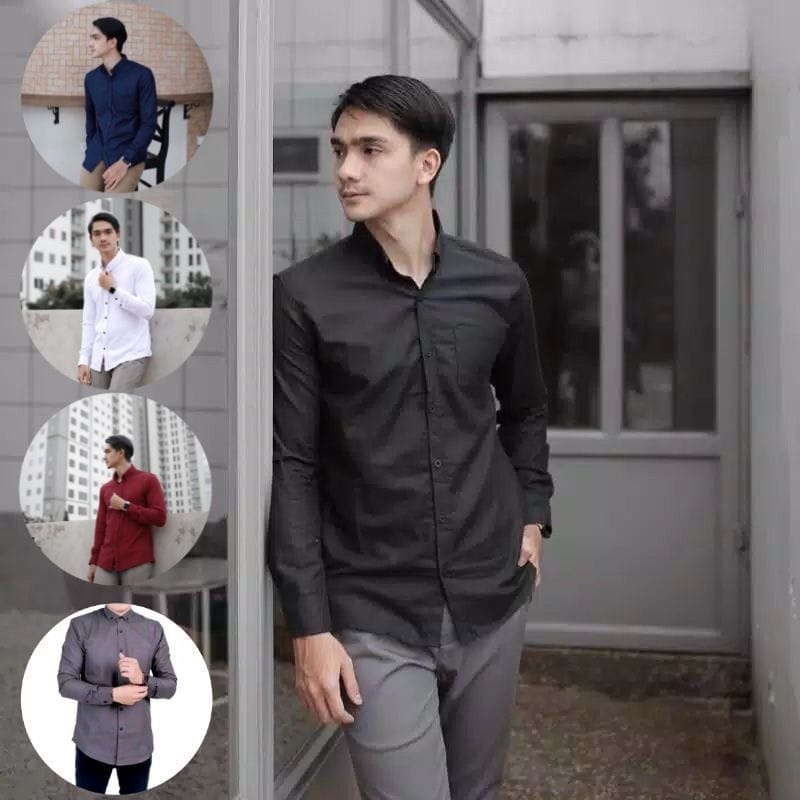 Kemeja Cowok polos lengan panjang slimfit hem pria kantor hitam navy putih