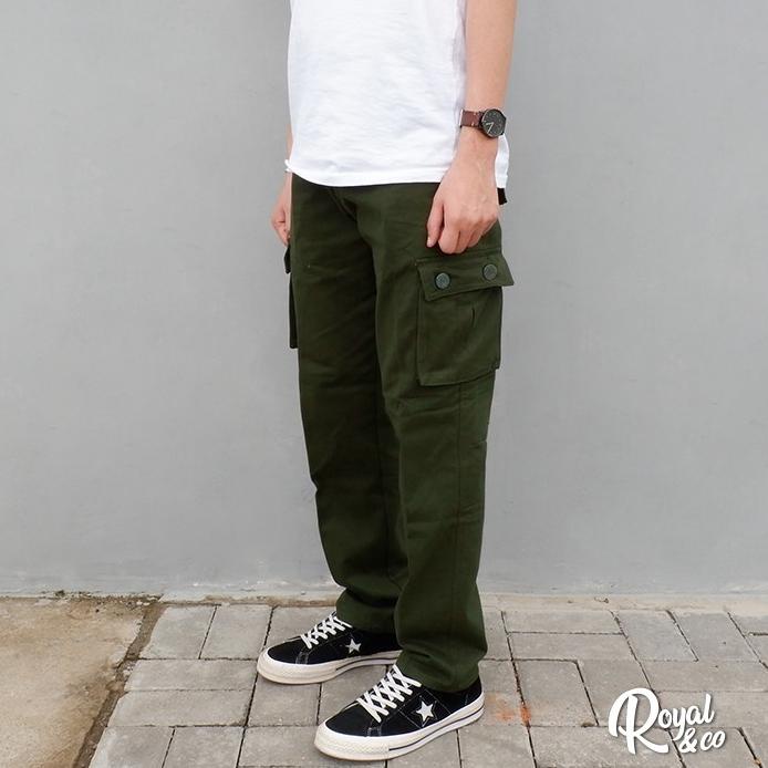 CELANA CARGO PANJANG SLIM STRAIGHT GREEN ARMY / CARGO PANTS TWILL / CARGO GREEN ARMY