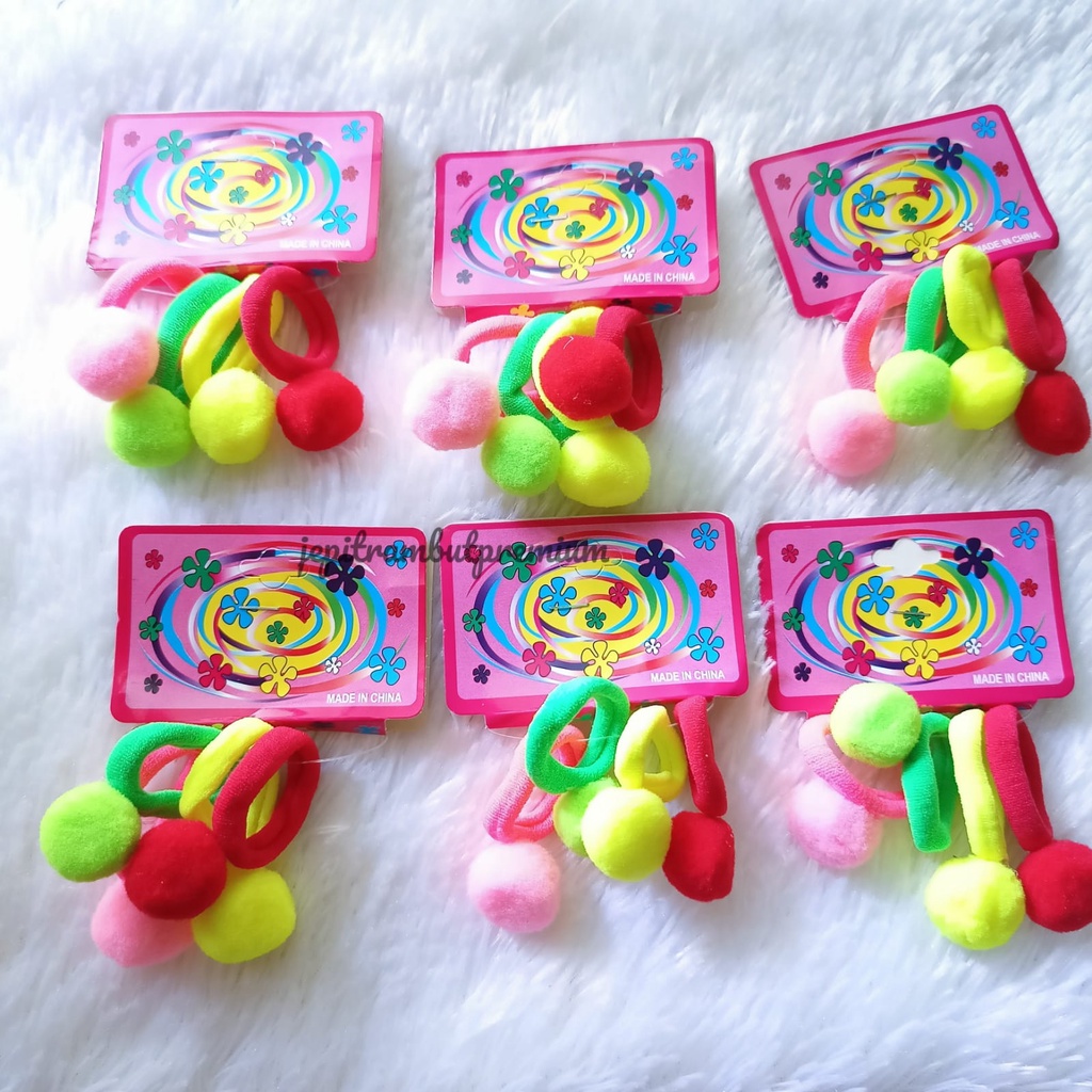 SET Ikat Rambut Anak Pom Pom Isi 4 Pcs Kunciran Elastis 2,5Cm Pom Pom Warna