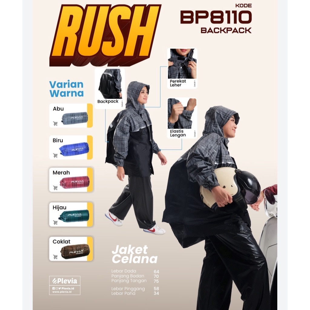 Jas Hujan Jaket Celana Plevia RUSH BACKPACK BP 8110 Raincoat Mantel Hujan Plevia Pria Wanita