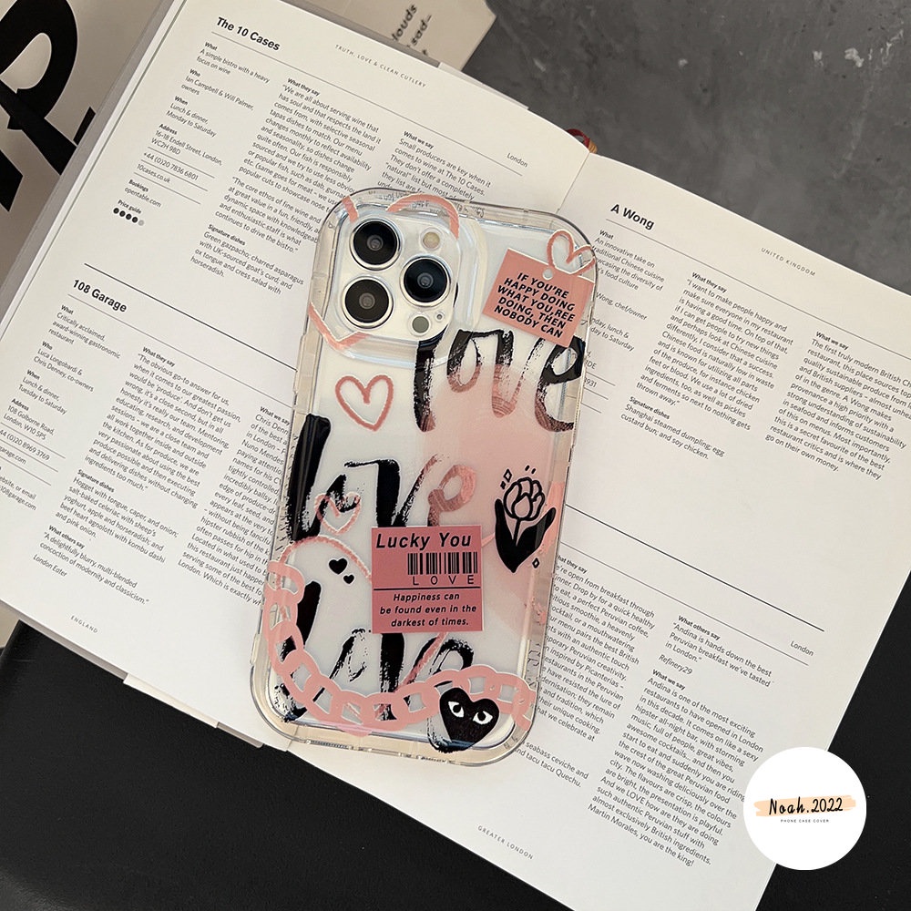 IPHONE Kartun Graffiti Cinta Hati Case Kompatibel Untuk Iphone11 13 12 14 Pro Max6 6s 7 8 Plus XR X XS MAX Shockproof Airbag Comme des Garcons Label Bunga Bening TPU Case Soft Cover