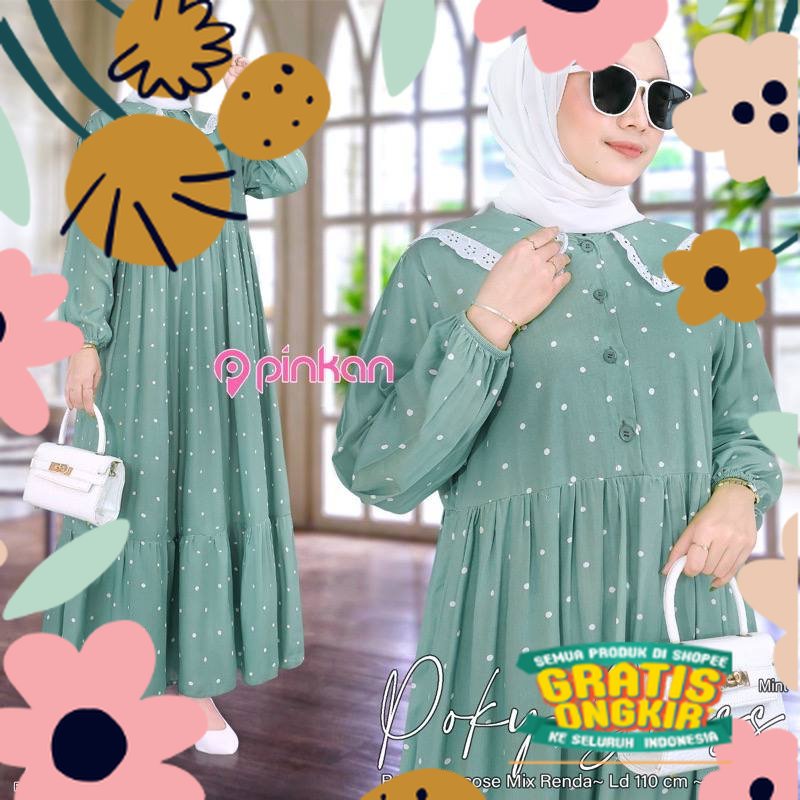 Poky Midi Dress Rayon Motif Polkadot Baju Gamis Wanita Fashion Muslim / arisan cantik
