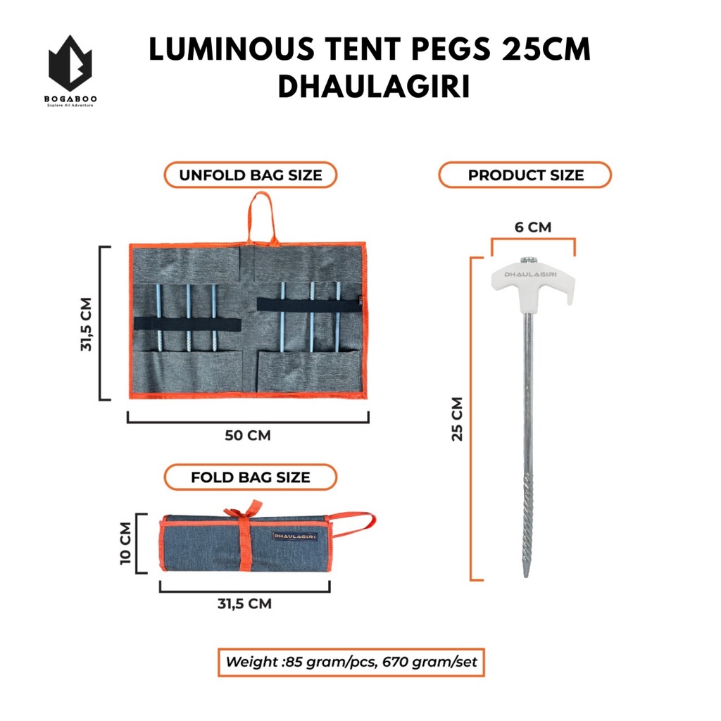 Dhaulagiri Luminous Tent Pegs 25 CM - Pasak Glow In The Dark - Pasak Tenda Camping Hiking Outdoor  - Patok Flysheet Tenda Gunung