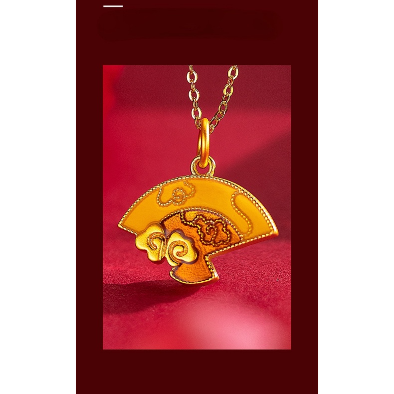 Goldkingdom Fashion Perhiasan 24 K Bangkok Aksesoris Ready Stock Gaya Kuno Membakar Biru Kipas Lipat Liontin Perempuan Lukisan Minyak Kipas Kecil Kalung Liontin