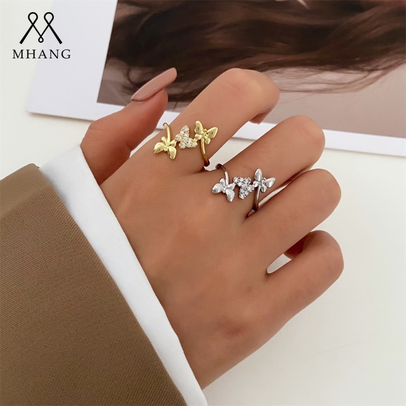 Cincin Kupu-Kupu Emas Berlian Korea Elegan Lady Adjustable Ring