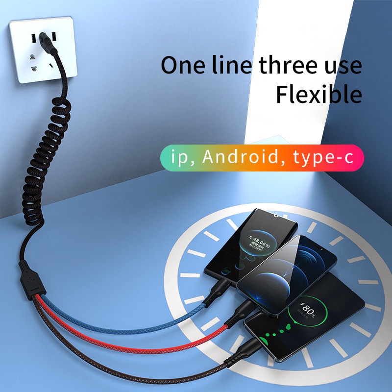 Urvns 3in1 1.2m 1.8m 5A Kabel USB Charging Spring Tipe C Telepon Micro USB Kabel Charger Cepat Untuk iPhone Android Samsung