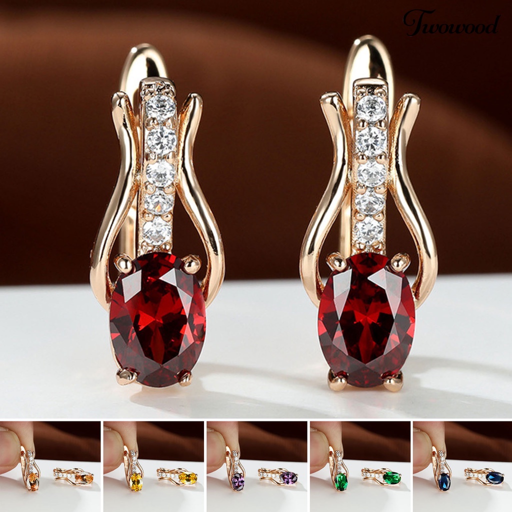 Twowood 1pasang Drop Earrings Oval Cut Faux Gemstone Temperamen Shiny Cubic Zirconia Hias Dress Up Hadiah Wanita Mewah Menjuntai Anting Perhiasan Pernikahan