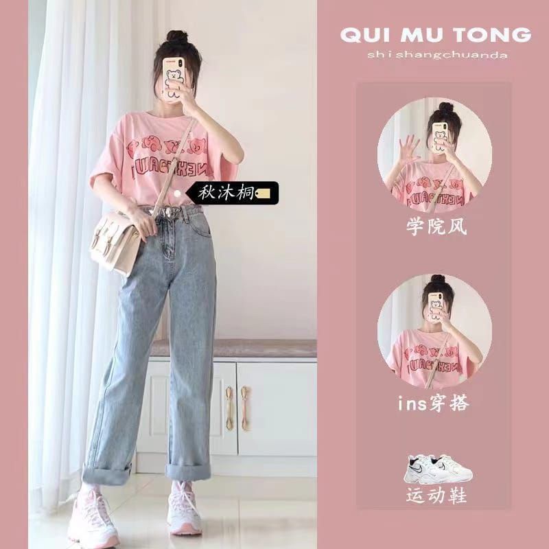 one set jeans atasan kaos anak perempuan usia 8-11 tahun bahan premium