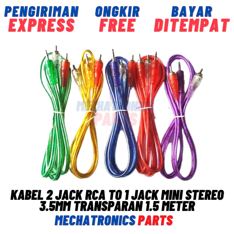 KABEL 2 JACK RCA TO 1 JACK MINI STEREO 3.5MM TRASPARAN 1.5METER HIJAU, BIRU, KUNING, MERAH