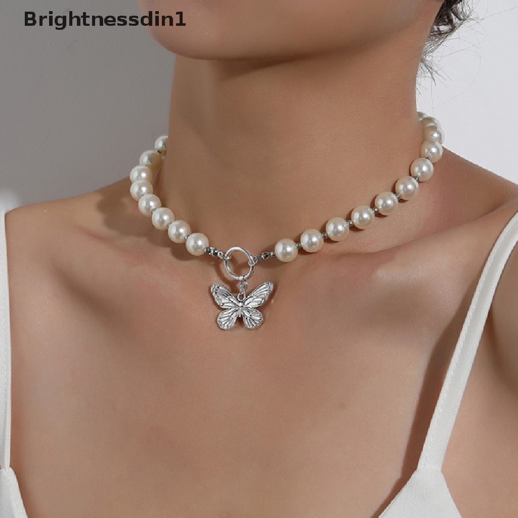 [Brightnessdin1] 1pc Kalung Rantai Manik Mutiara Liontin Kupu-Kupu Kalung Untuk Wanita Fashion Butik