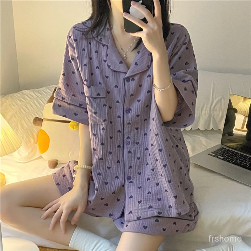 Korea Selatan di piyama kasa wanita musim panas lengan pendek celana pendek lengan pendek lucu manis