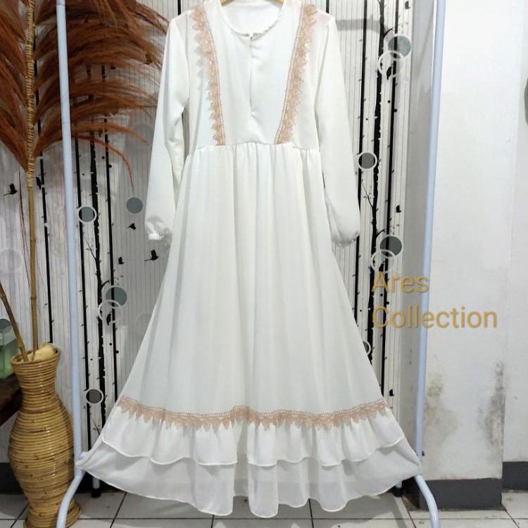 New Stock Gamis Ceruty Babydoll Renda Warna Putih Polos Jumbo Gamis Syari