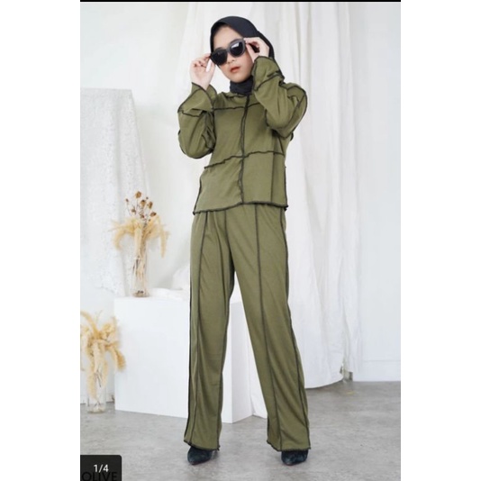 Hailey Knit One Set Setelan Celana Panjang Wanita Muslim Motif Jahitan Terbalik