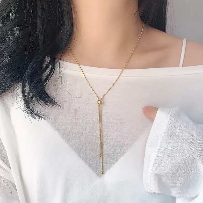 Kalung Rantai Clavicle Retractable Gaya Retro | Rantai Tulang Ular Manik-Manik Bulat Adjustable | Kalung Rantai Panjang Sedang Untuk Sweater | Kalung Pendek Bahan Titanium Steel Lapis Rose Gold 18K | Anti Air / Alergi Tidak Pudar | Hadiah Self-Keeping